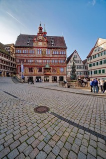 Market square with town hall and Neptune fountain with Neptune and trident from the Renaissance,