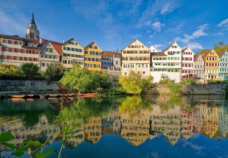 Historic houses on the Neckar front, the Neckar river, water reflection, old town of Tübingen,