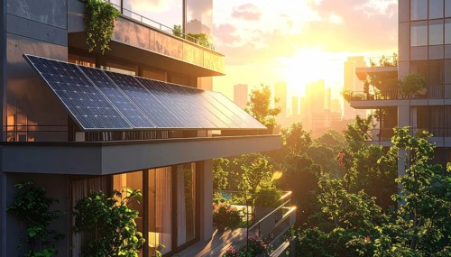 Sunlight Glinting Off Solar Panels on Contemporary Apartment Balcony, energy solution, concept of