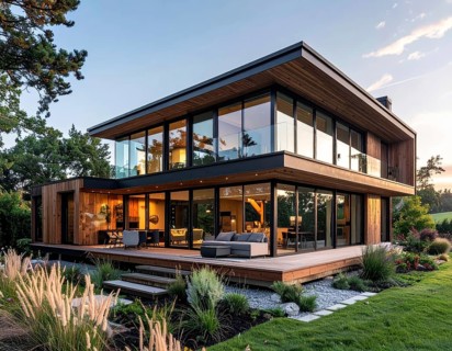 Modern Extension on a Traditional Cottage with Glass and Wood Architecture, green garden with
