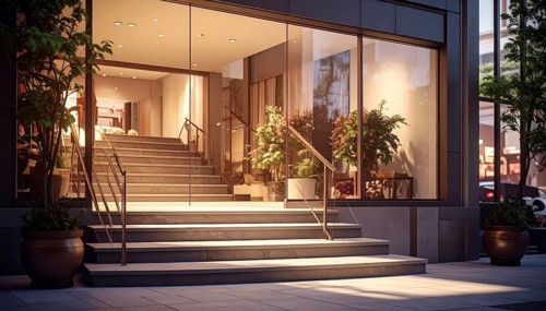 Modern building entrance with stairs, glass facade, and plants in warm evening light, empty