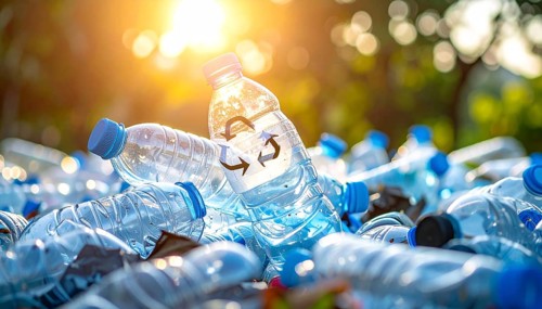Crushed plastic water bottle waste in a wild landscape, symbol for nature protection, waste