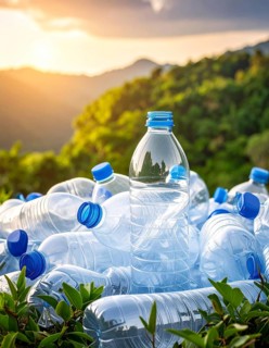 Crushed plastic water bottle waste in a wild landscape, symbol for nature protection, waste