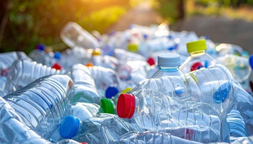 Crushed plastic water bottle waste in a wild landscape, symbol for nature protection, waste
