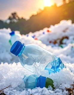 Crushed plastic water bottle waste in a wild landscape, symbol for nature protection, waste