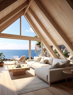 Peaceful A-frame cabin interior with ocean views, real estate lifestyle and travel destination,