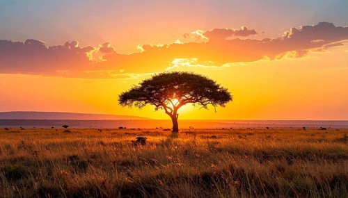 Single acacia tree in the savannah at sunset, solitude in the wild, dry grass in the foreground,