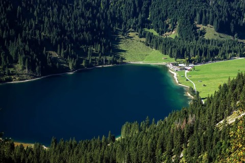 View of Vilsalpsee, Allgäu Alps, Tannheim, Tannheimer Tal, Tyrol, Austria