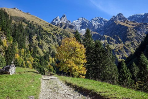 Hiking trail in Bacherloch Valley, back mountains of the Allgäu Alps with Trettachspitze,