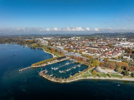 Aerial view of the town of Radolfzell on Lake Constance with the Wäschbruckhafen, harbour pier and