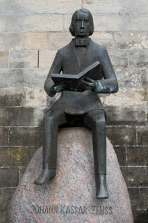 Johann Kaspar Zeuss, statue, memorial, old town, Kronach, Upper Franconia, Franconia, Bavaria,