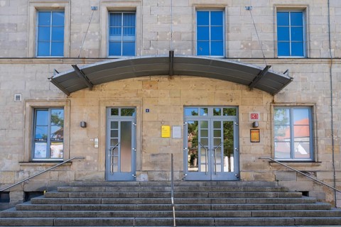 Entrance to the train station, Kronach, Upper Franconia, Bavaria, Germany