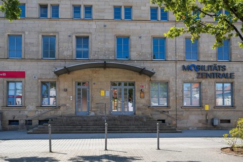 Entrance to the train station, Mobilitäts Zentrale, Kronach, Upper Franconia, Bavaria, Germany