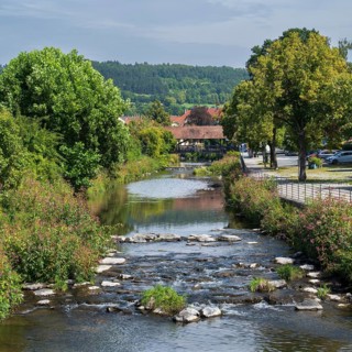 Landscape on the Kronach river, footbridge covered behind, hospital bridge, Kronach, Upper