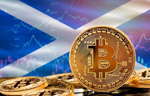 Investors in cryptocurrency and Blockchain Technology in Scotland, Concept. Bitcoin with Scotland