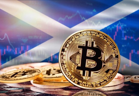 Bitcoin with Scotland flag in the background. Investors in cryptocurrency and Blockchain Technology