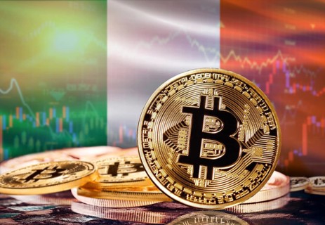 Bitcoin with Ireland flag in the background. Investors in cryptocurrency and Blockchain Technology