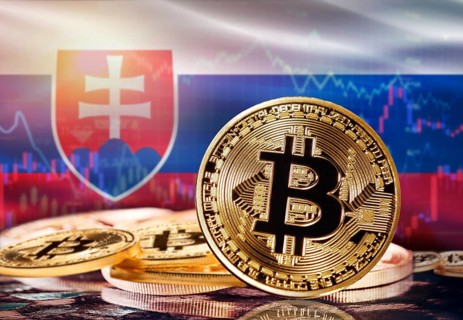 Bitcoin with Slovakia flag in the background. Investors in cryptocurrency and Blockchain Technology