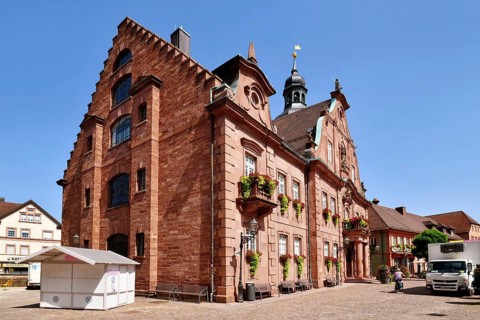 Ettlingen, Germany - August 13th 2025: Ettlingen city hall (Rathaus) in Germany. Historic sandstone