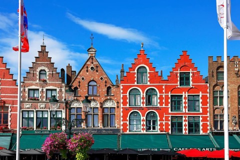 Historic houses on the market square in the old town of Bruges, Grote Markt, former guild houses,