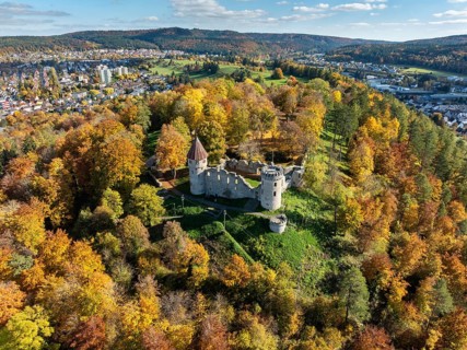 Aerial view of the ruins of Honburg Castle on the Honberg above the town of Tuttlingen, surrounded