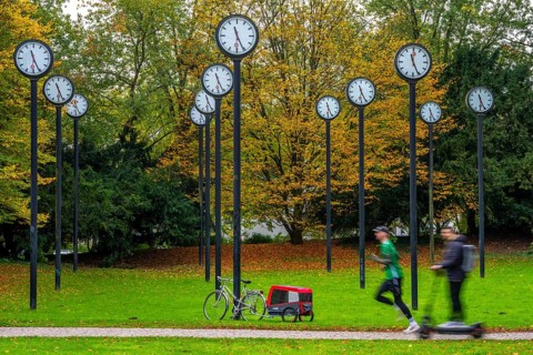 The art installation Zeitfeld in Volksgarten Park in Düsseldorf-Oberbilk, a total of 24 station