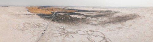 Aerial view, tire tracks on a salt pan, arid landscape, Botswana