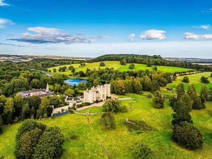 Duns Castle Estate and garden from a dron, Duns, Berwickshire, Scotland, UK