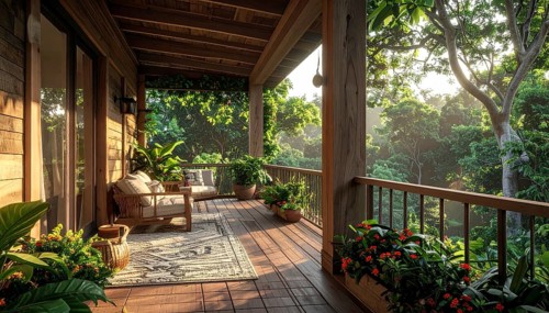 An eco-friendly porch designed for sustainable living in an environmentally-conscious home, lush