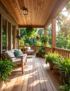 An eco-friendly porch designed for sustainable living in an environmentally-conscious home, lush