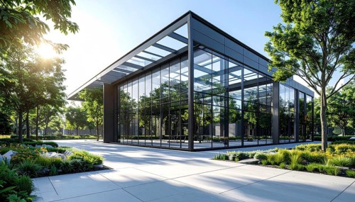 Modern architectural framework with glass and steel structure, glass facade with a greed of steel