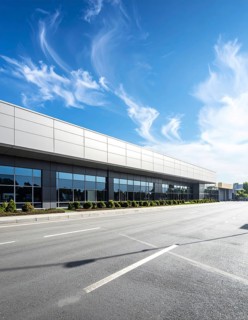 Modern supermarket building exterior against blue sky, Inviting white facade, some clouds, concept