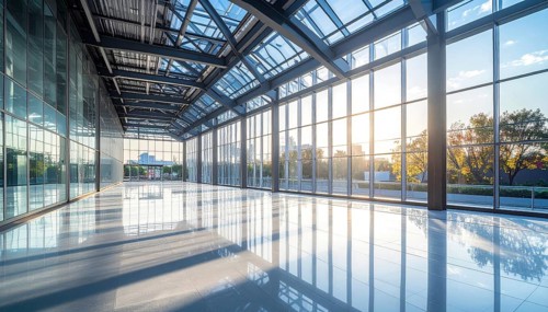 Modern architectural framework with glass and steel structure, glass facade with a greed of steel
