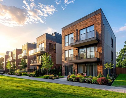 Modern apartment building with balconies and well-kept landscaping at sunset, Modern multifamily