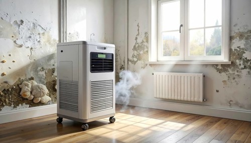 A specialized dehumidifier operates in a mold-infested room following water damage, Shell