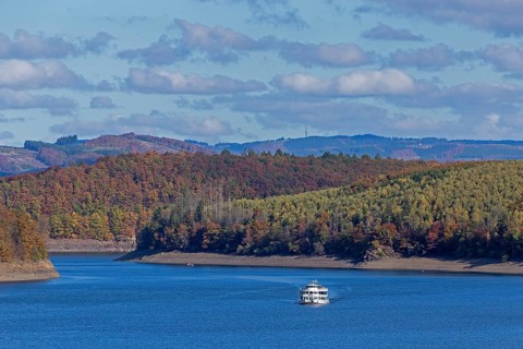 Excursion boat, Biggesee near Sondern, Olpe, Sauerland, North Rhine-Westphalia, Germany
