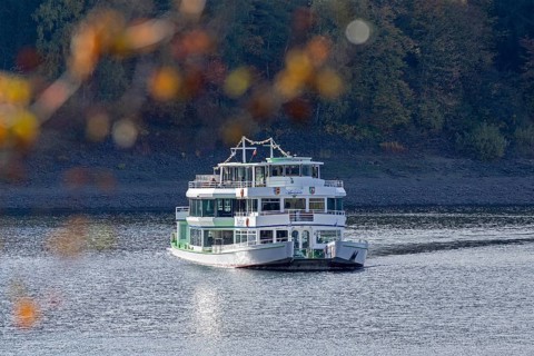 Excursion boat, Biggesee near Sondern, Olpe, Sauerland, North Rhine-Westphalia, Germany