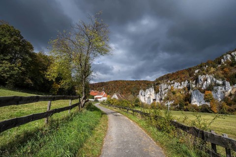 Käppeler estate with St. George's Basilica near Thiergarten in the upper Danube Valley, surrounded