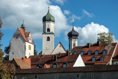 Church towers and water tower, Isny, Allgäu, Baden-Württemberg, Germany