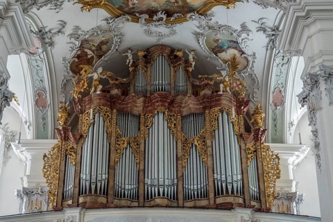 St. George and James Catholic Church, interior view, organ, Isny, Allgäu, Baden-Württemberg,