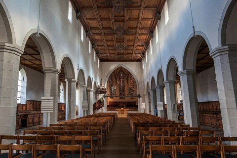 Protestant St. Nicholas Church, interior view, main nave, Isny, Allgäu, Baden-Württemberg, Germany