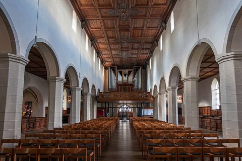 Protestant St. Nicholas Church, interior view, nave, organ at the back, Isny, Allgäu,