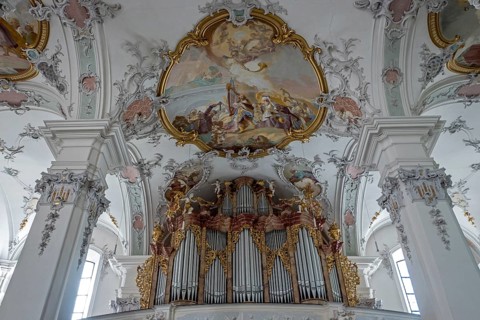 St. George and James Catholic Church, interior view, ceiling frescoes and organ, Isny, Allgäu,