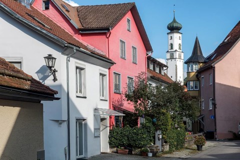 Houses in the old town of Isny, behind Blaserturm, Isny, Allgäu, Baden-Württemberg, Germany
