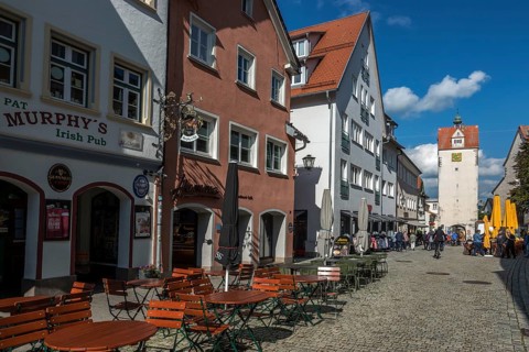 Houses in the historic old town of Isny, behind Wassertor Tower, Allgäu, Baden-Württemberg, Germany