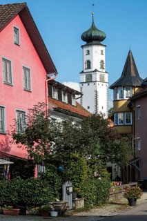 Houses in the old town of Isny, behind Blaserturm, Isny, Allgäu, Baden-Württemberg, Germany