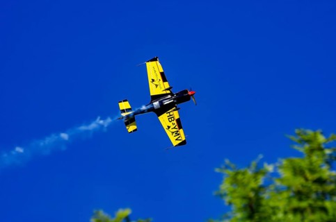 A Votec 351 sport aircraft from the Swiss MSW Aviation AG with registration HB-YMV during a flight