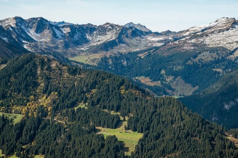 View of Kleinwalsertal and Schwarzwassertal, back mountains of the Allgäu Alps, Vorarlberg, Austria