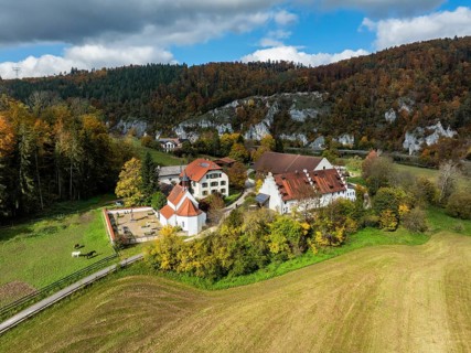 Aerial view of Käppeler Manor with St. George's Basilica near Thiergarten in the Upper Danube