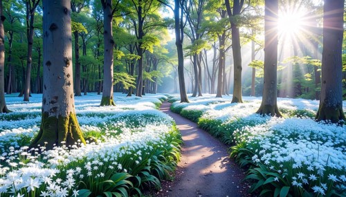 A tranquil forest path lined with white flowers, surrounded by tall trees and bathed in soft